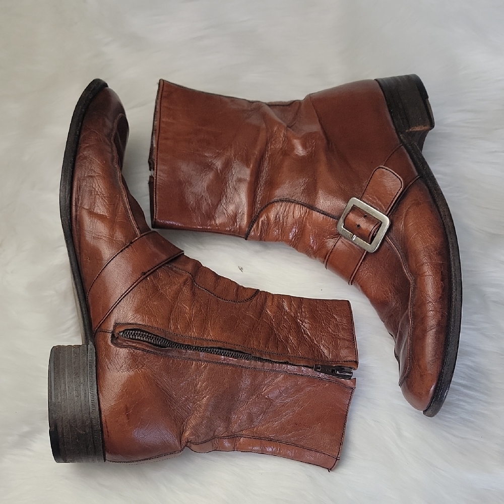 Raphael Rossetti Moda Brown Buckle Zip Up VTG Square‎ Toe Retro Ankle Boots 7